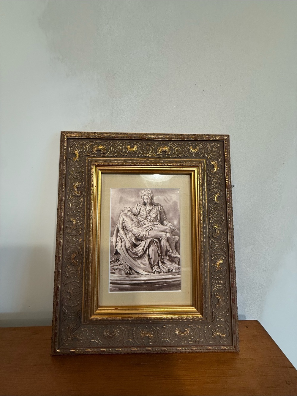 Vintage Michelangelo "La Pietà" Framed Art Print - Ornate Gold & Wood Tone Frame